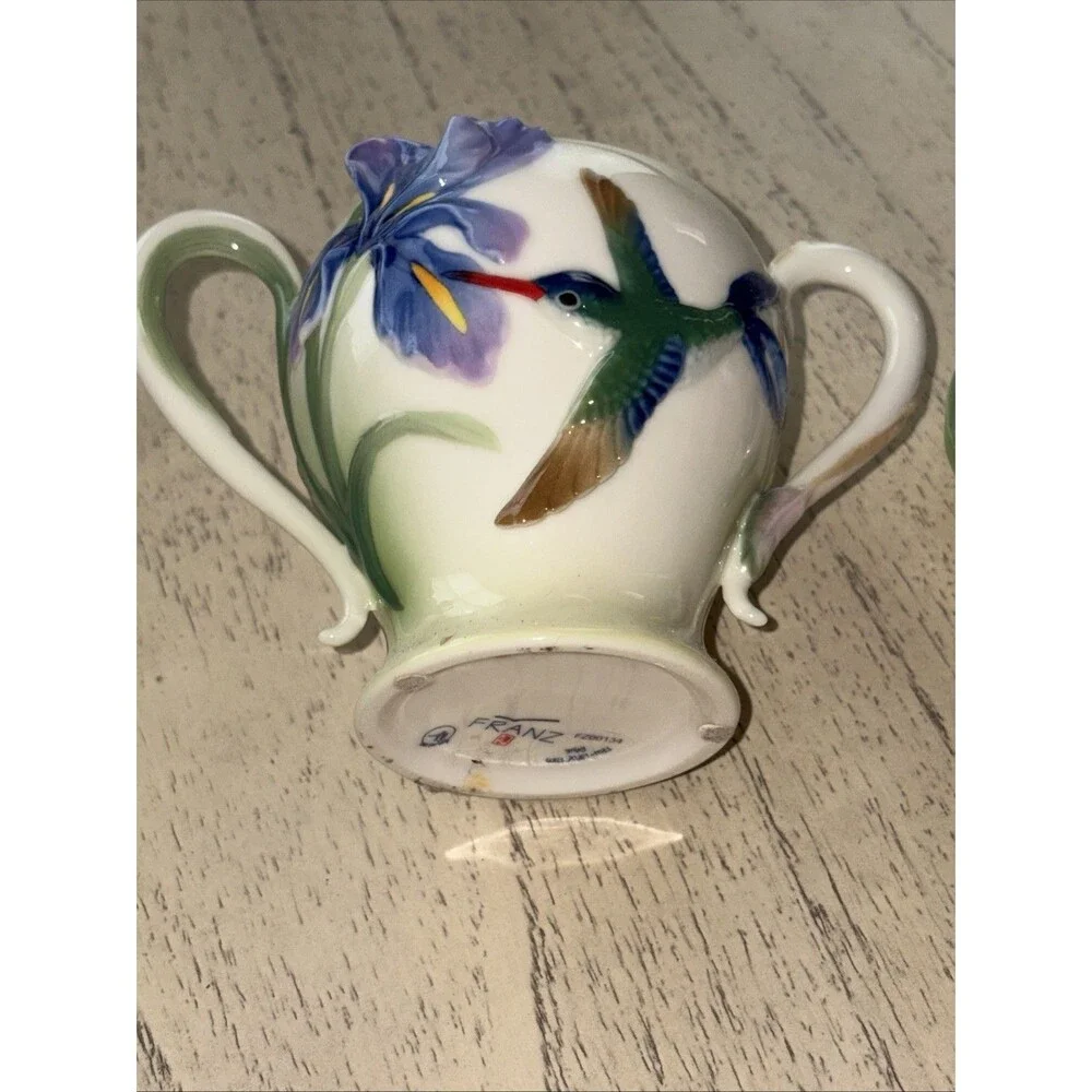 Franz Porcelain Hummingbird Sugar Jar Bowl & CREAMER Floral Design Beautiful!